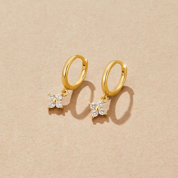 Dainty Crystal Flower Charm Hoop Earrings in Gold - Picture 3 of 13